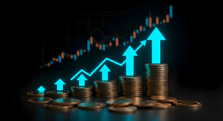 Stock Market Growth 2025: Coin Stacks with Upward Arrow & Candlestick Chart. Investment Success, Financial Trading, and Bull Market Trend.