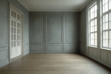 Fototapeta premium Elegant empty room with large windows and parquet flooring