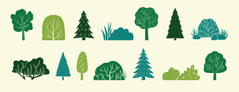 Fototapeta Scandinavian green boho forest silhouette isolated elements set. Color collection different forest plants. trees, bushes, grass, logs, leaves