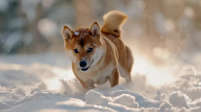 Shiba dog leaping through snowy forest, playful expression, sunlight creating bokeh background. Dynamic winter scene with snow spray. Panning camera motion, hand-held shot.