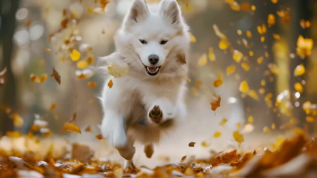 White fluffy samoyed dog joyfully running through forest, surrounded by yellow falling leaves. Dynamic motion captures dog's playful energy during autumn season.