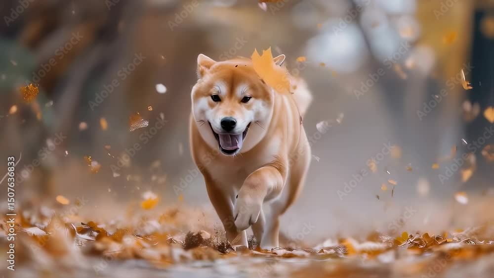 Poster energetic shiba inu dog running through autumn forest with golden leaves falling around. dynamic mot