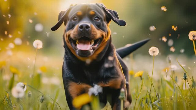 Playful Rottweiler sitting in grassy meadow with dandelions, surrounded by floating seeds. Cheerful dog with open mouth in summer field. Selective focus photography with blurred background.