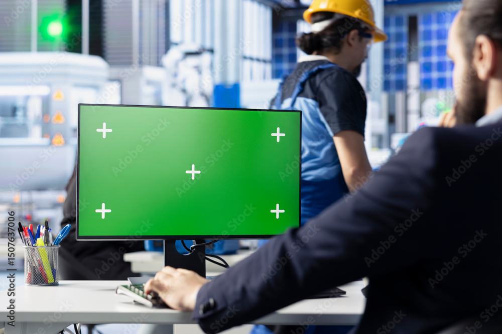 Poster engineer in photovoltaics factory reviewing system logs on green screen computer to identify operati