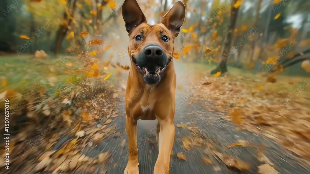 Poster energetic rhodesian ridgeback dog running through forest path, surrounded by falling yellow leaves. 