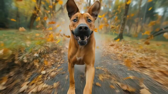 Energetic Rhodesian Ridgeback dog running through forest path, surrounded by falling yellow leaves. Dynamic motion with blurred background capturing dog's enthusiastic movement