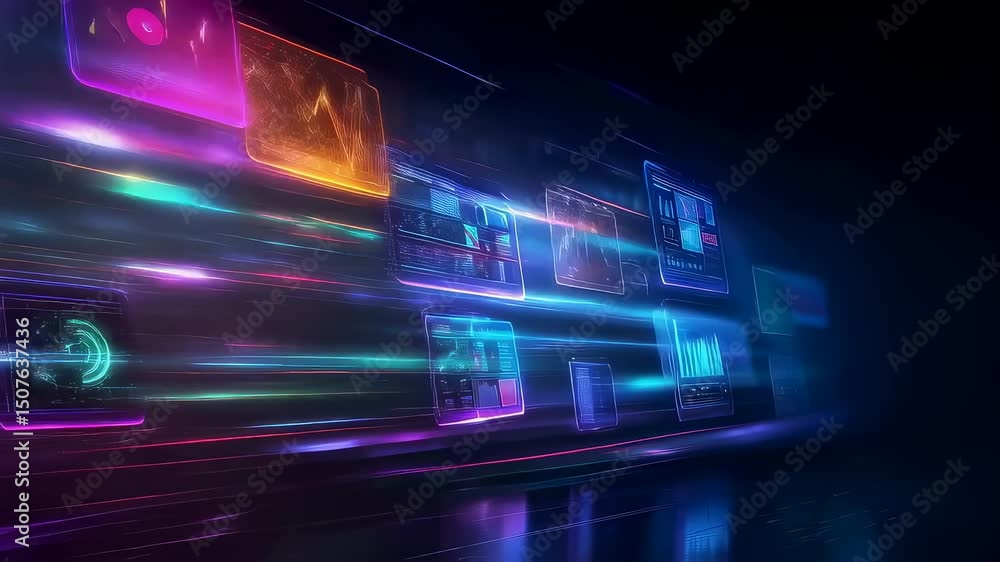 Poster dynamic light trails with multicolored neon streaks moving across dark background. glowing digital i
