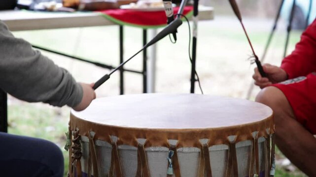 aboriginal canadians traditional drumming close up