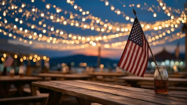 A serene twilight picnic adorned with string lights and an American flag gently waving.