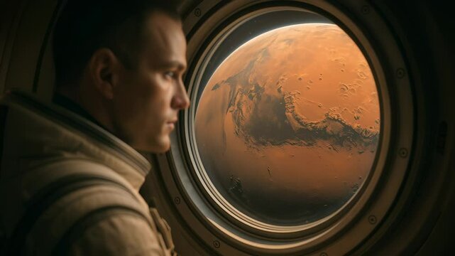 Man in space suit observing Mars through spacecraft window. Detailed planet surface with craters and geological formations visible. Contemplative moment of interplanetary travel.