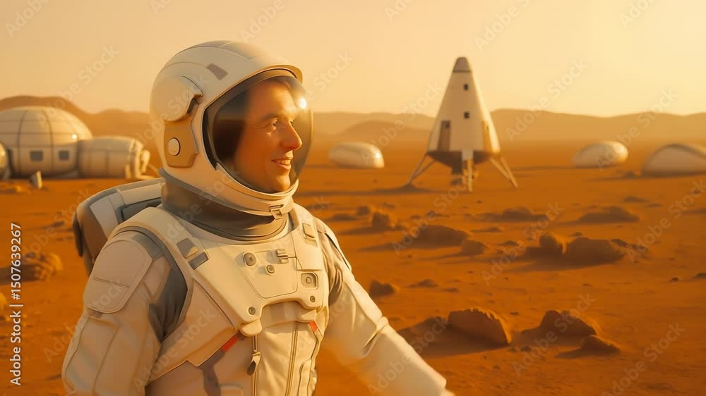 Poster smiling astronaut in white spacesuit standing on mars surface with habitat modules and landing craft