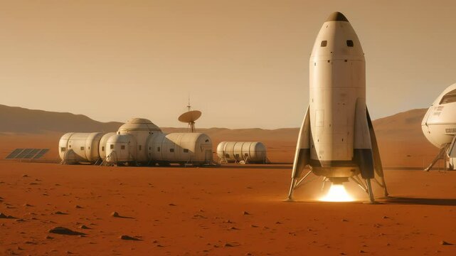 Advanced spacecraft ascends srom rocky red terrain, with modular habitat with extended solar panels amid mountainous Martian landscape on background