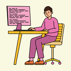 Man at Computer Vector Illustration Programmer Working Cartoon