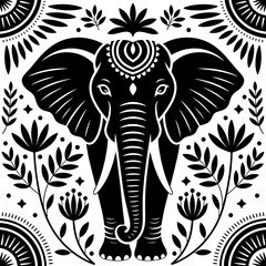 An elephant with floral design, ornate black and white vector silhouette illustration, Indian inspired holiday design