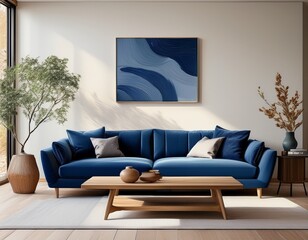 Ein modernes Wohnzimmer mit einer tiefblauen Couch als zentralem Element.