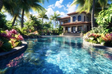 Luxurious tropical mansion retreat with pool surrounded by palm trees and lush gardens