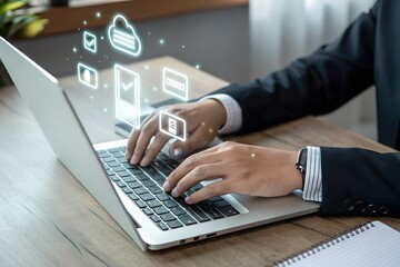 Businessman working on labtop with check mark symbol and standard quality control. The concept of international standards and quality assurance is certified