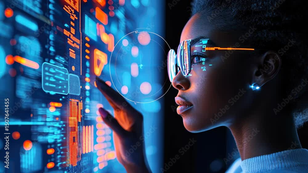 Poster tech visionary: an elegant individual with glasses, immersed in futuristic data streams, symbolizing