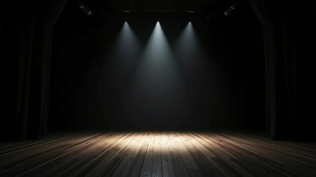 Empty stage with spotlights shining on wooden floor, creating a dramatic and theatrical scene for a performance or presentation