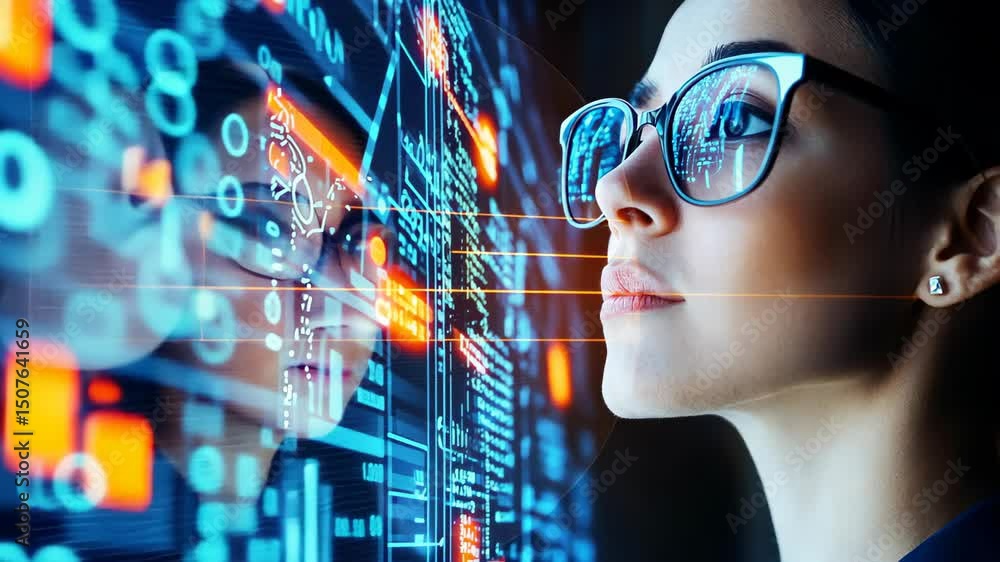 Poster woman exploring digital world: a woman with glasses gazes intently at a vibrant digital interface fi