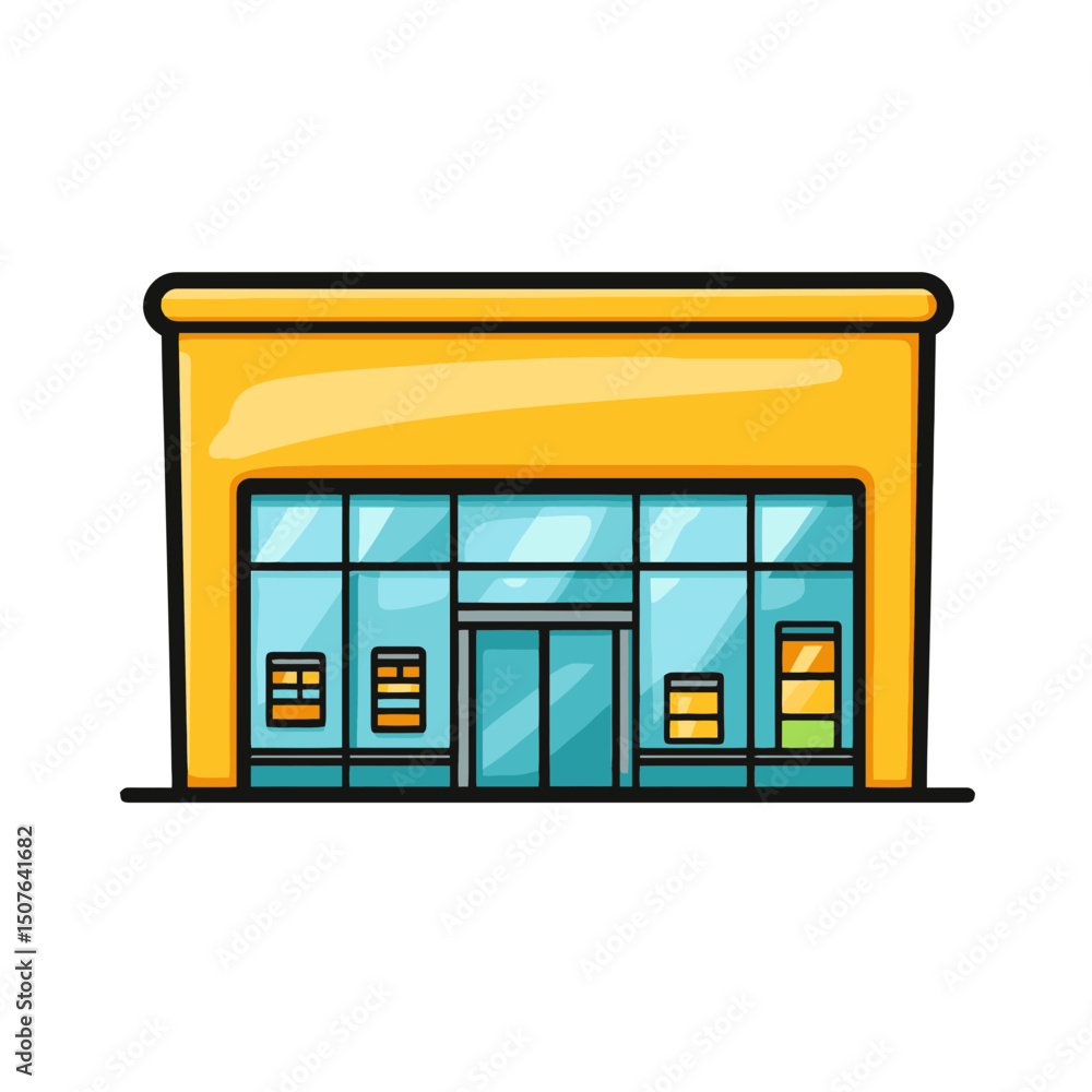 Poster shopping mall icon representing a simple flat cartoon store design perfect for digital applications 