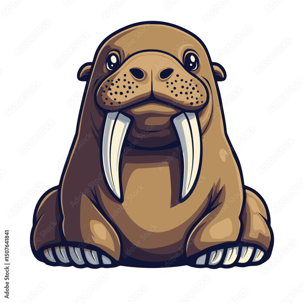 Poster cartoon walrus icon presented in a simple flat design, showcasing its lovable features and friendly 