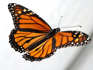 Fototapeta premium Close up of a monarch butterfly with orange and black wings against a blurry white background
