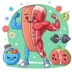 Healthy happy muscle and weak sad pain muscle character. Strong and frail tension fiber part body human. Skeletal muscle, inside tissue. Vector illustration