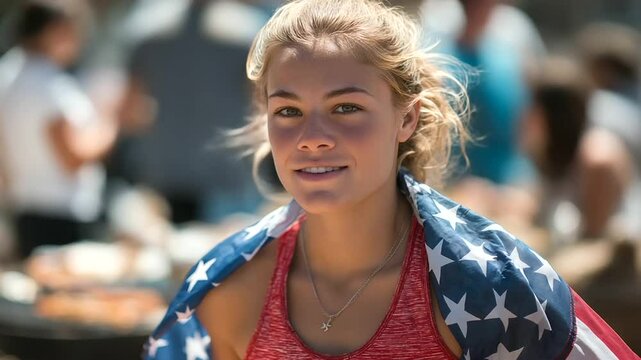 A triumphant young athlete rejoices after winning a race at a scenic picnic spot.