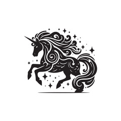 A tribal unicorn head tattoo illustration featuring a woman's hair with floral pattern design, a beautiful black silhouette ornament, and wild animal art