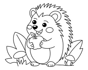 Hedgehog holding apple, coloring page for kids, vector illustration