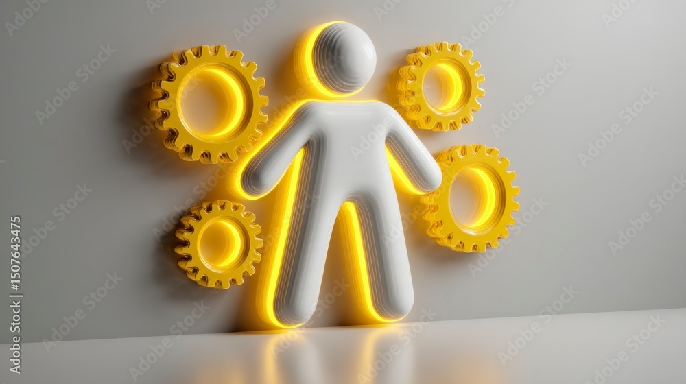Poster human figure with gears symbolizing teamwork collaboration and mechanism integration for bus