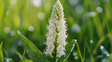Fototapeta premium Ambrosia flower in grass--allergenic plant with pollen danger, symbolizing health risks. 
