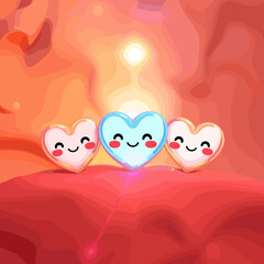 Fototapeta premium Three cute cartoon hearts with smiling faces on a vibrant pink background, copy space