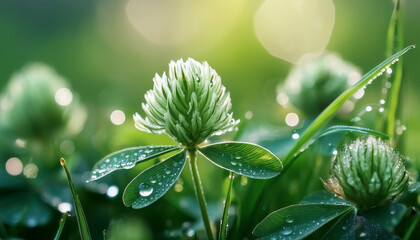 detailed clover plant with water droplets in a close up shot of green nature background