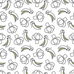 Vector seamless pattern with broccoli and pea pods in linear style on a white background. This vegetable pattern is perfect for healthy food themes, textile prints, or kitchen decor.