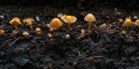 Small brown mushrooms scattered in rich dark forest soil