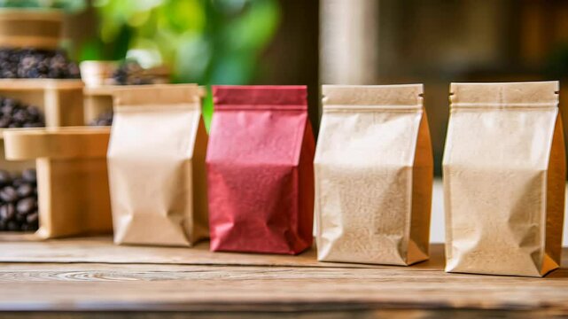 Coffee Bag Lineup: Several unbranded coffee bags stand side by side, displaying rustic charm and hinting at freshly roasted contents.