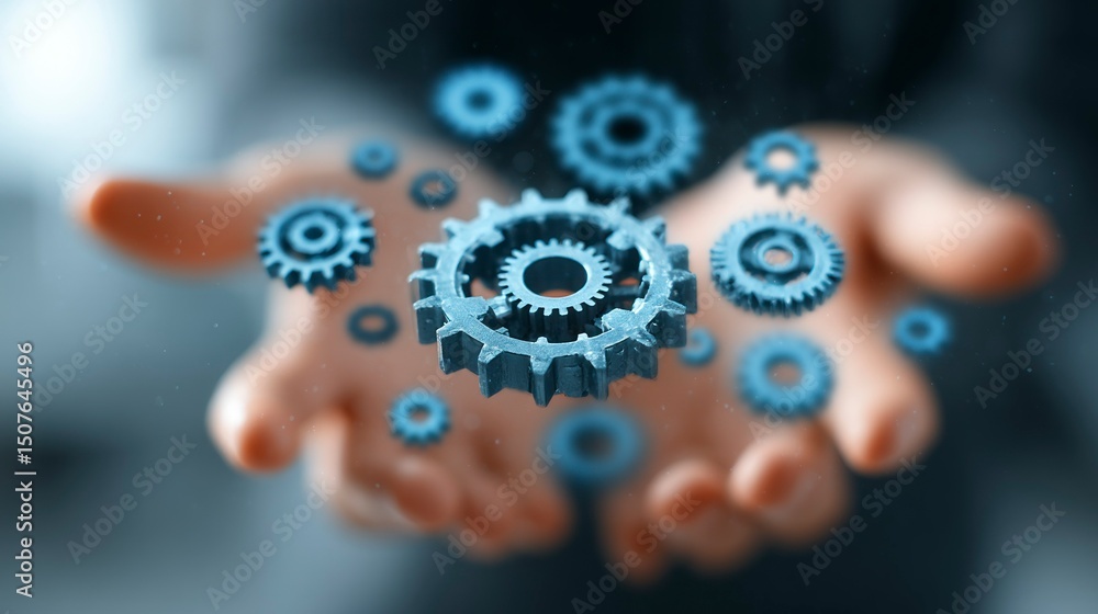 Poster hands holding interlocking gears symbolizing collaboration technology and innovation in busi