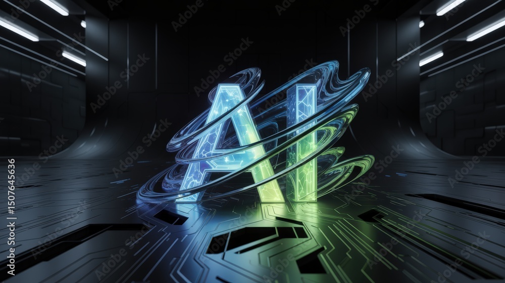 Poster ai letters with abstract futuristic design in a dark tech environment.