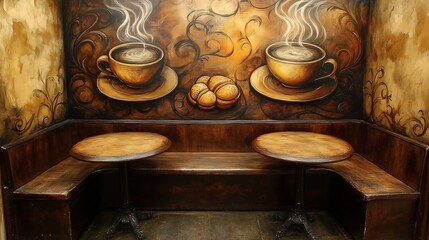 Small caf corner in a retail space featuring intricate wall paintings of steaming coffee cups and pastries Warm earthy tones of brown and cream dominate the ambiance
