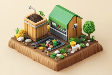 Miniature scene of a recycling center with various components.