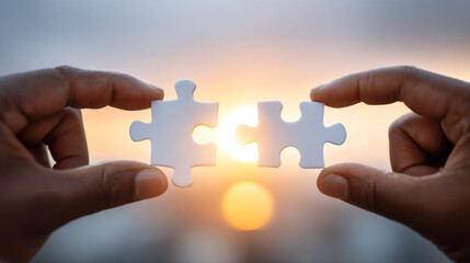 Hands holding puzzle pieces at sunset symbolizing connection and collaboration