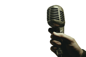 A hand holding a microphone, isolated on a transparent or white background. Ideal for music, podcast, interview, or broadcasting-themed creative designs.