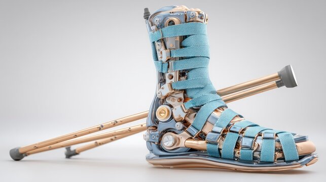 Futuristic Robotic Foot with Advanced Mechanical Components and Crutches
