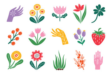Scandinavian flowers and boho hands silhouette isolated elements. color collection of different colors.