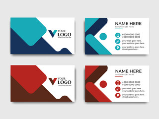 Business card, Professional design, Modern branding, Corporate identity, Abstract shapes, Creative layout, Bold colors, Red and brown theme, Blue and teal theme, Logo placeholder, Company logo.