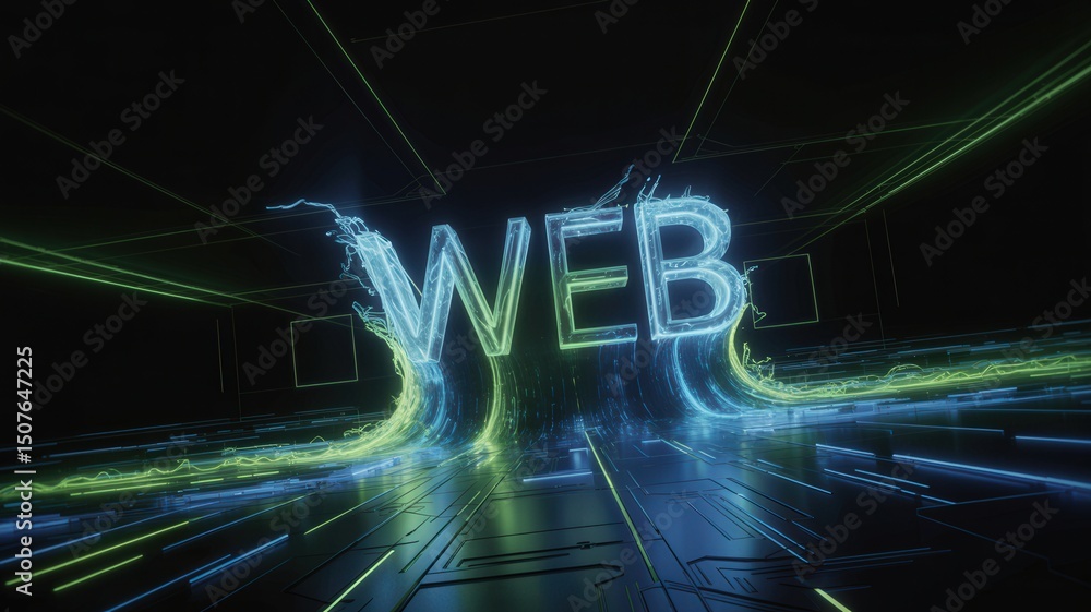 Poster digital web text with futuristic design, data flow, and ai concept.