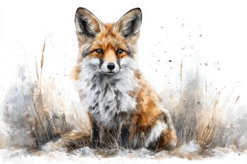 Obraz premium A red fox is sitting gracefully in a natural setting. Its fur showcases shades of orange and white, blending with the soft earth tones around.