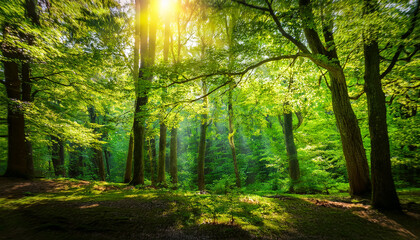 Obraz premium emerald canopy filtering sunlight gentle breeze stirs leaves picture woods